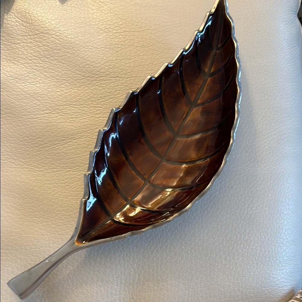 Elegant Brown and Silver Leaf-Shaped Decorative Dish a beautiful decor piece!